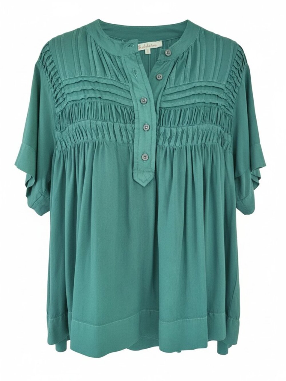 Boho Pintuck Detail Feminine Blouse Jade Green Flutter Sleeve Rayon Flowy Small